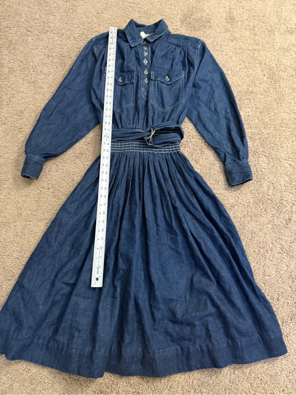 Vintage 90s Rabbit JR Denim Dress Women size 8P Blue Long Sleeve Jean Skirt